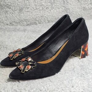 Donald‎ Pliner Suede Pumps Black Tortoise Block Heel Jewel Buckle Womens 7.5 EXC